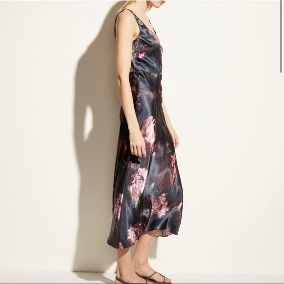 Vince Dress Night Garden Square Neck Slip Long Maxi Floral Navy Blue Size 6 - Picture 3 of 12